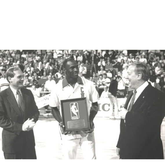 Michael Jordan being presented with the Master Lock/NBA Defensive Player of the Year Award, 1988.